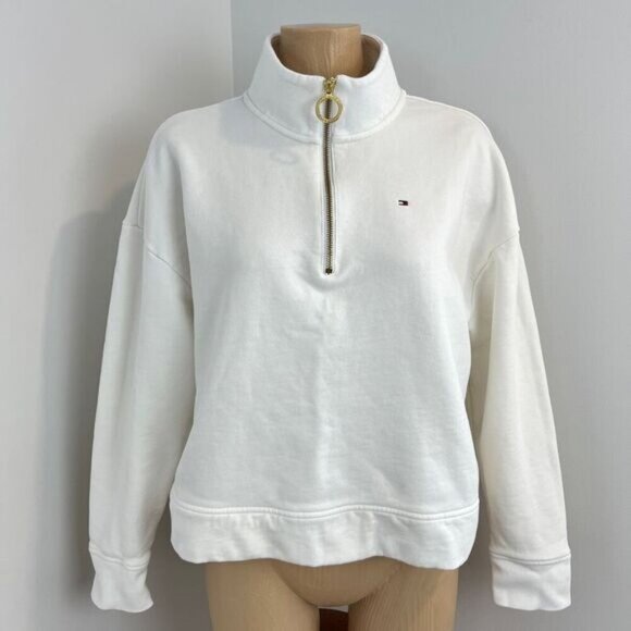 Tommy Hilfiger Women's Medium White Oversized 1/4 Zip Pullover Sweater Ring Zip - Picture 1 of 16